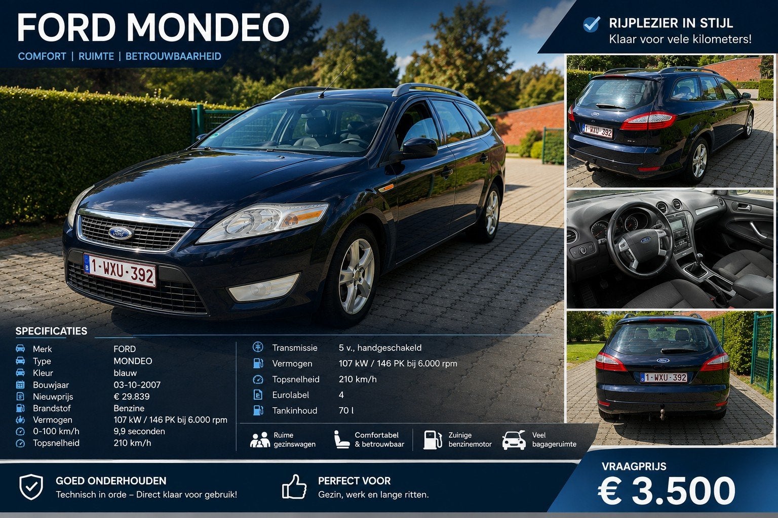 Ford Mondeo 2.0, Auto's, Mondeo, Blauw, Handgeschakeld, Particulier