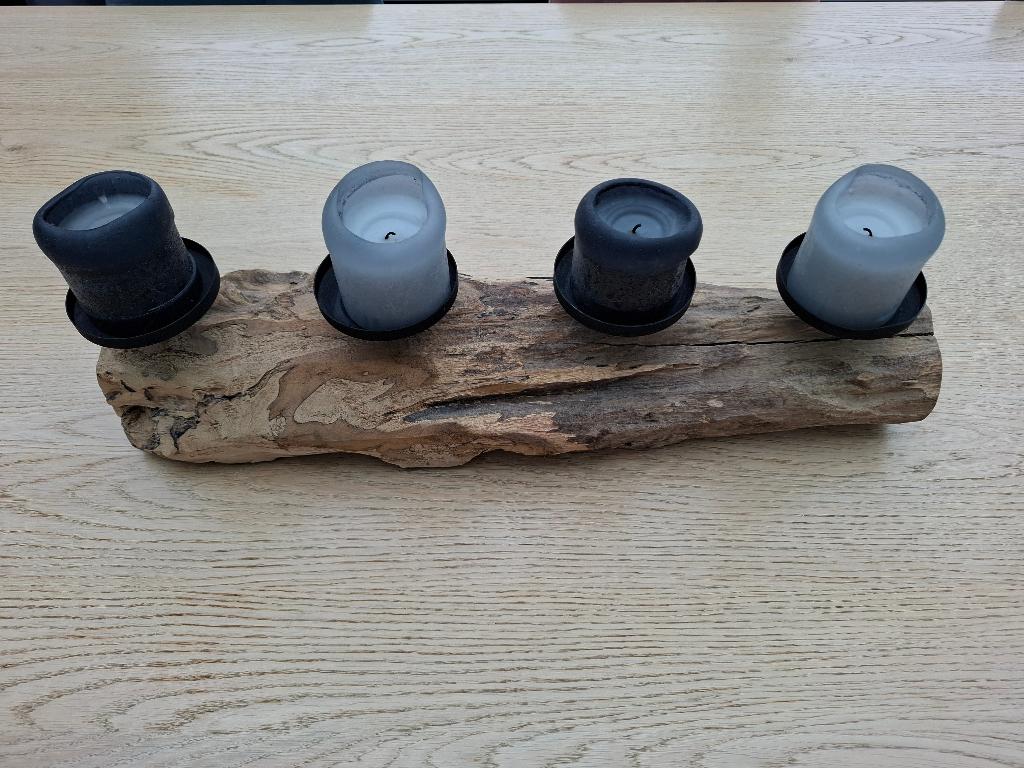 Bougeoir bois et métal + 4 bougies, Comme neuf, Enlèvement, Bois, Chandelier