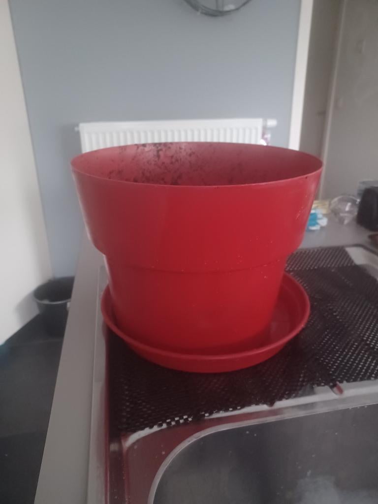 2 rode bloempotten met onderzetschaal., Tuin en Terras, Ophalen