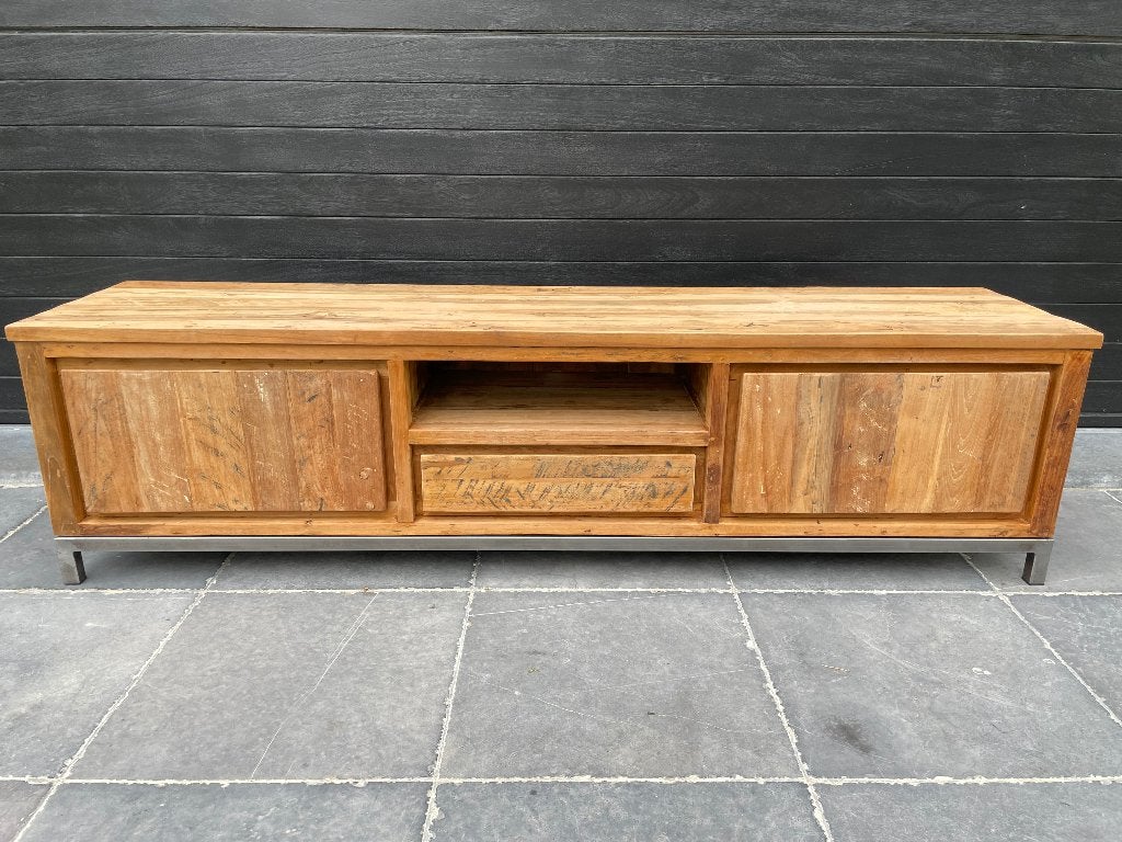 Teak tv kast old teak met ijzer onderstel, Ophalen, Zo goed als nieuw, Teakhout