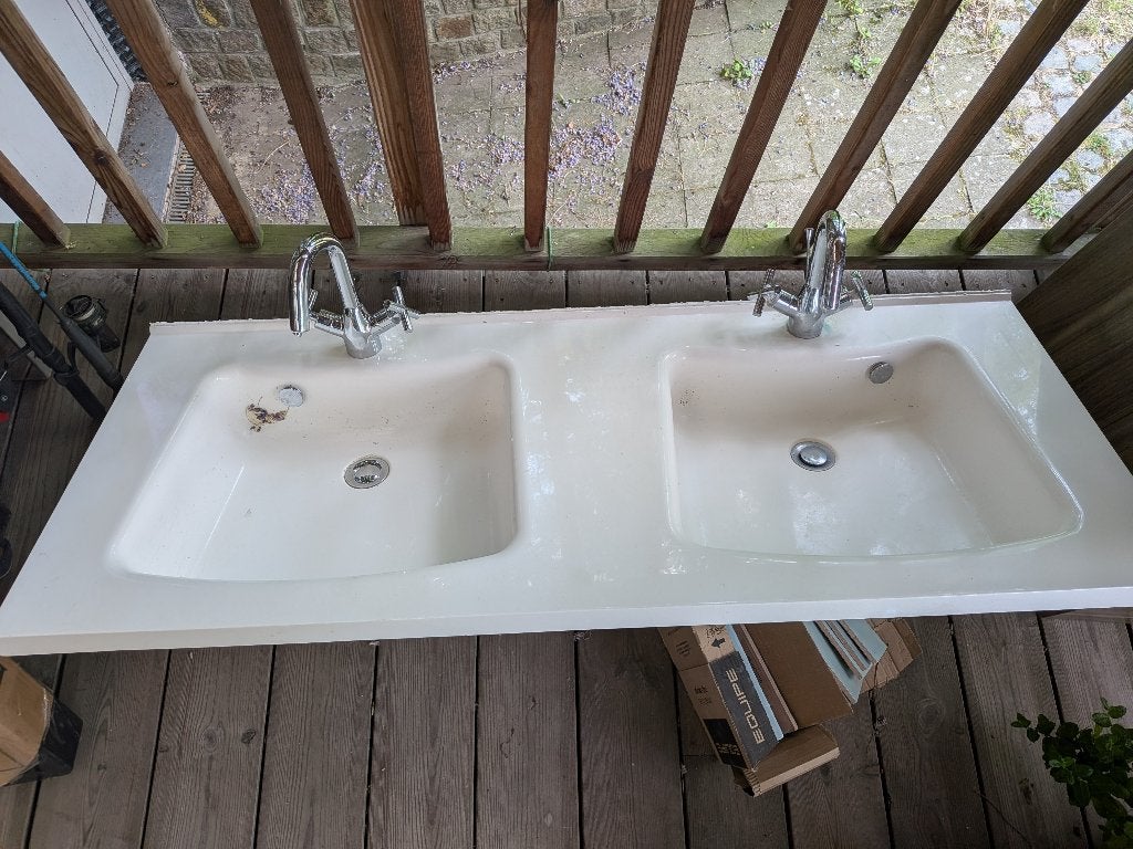 Dubbele lavabo/wastafel met onderkasten en kolomkast, Huis en Inrichting, Badkamer | Badkamermeubels, Ophalen, Gebruikt, 100 tot 150 cm