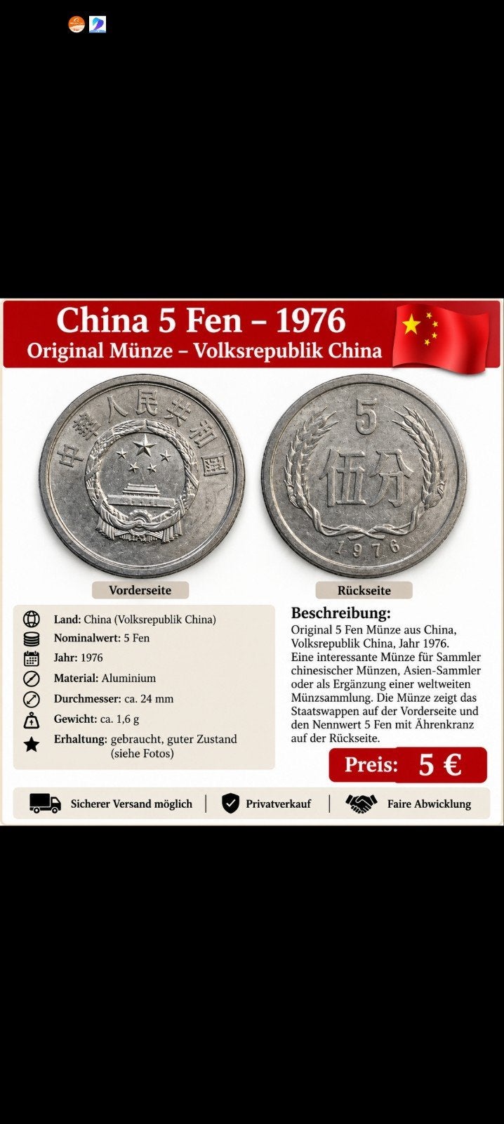 pièce de monnaie chinoise, Enlèvement ou Envoi