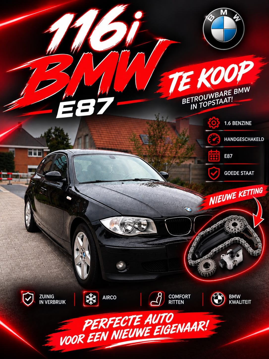 BMW 116i E87 | Nieuwe ketting & onderhoud | Airco | 6-bak, Auto's, Zwart, 5 deurs, Particulier, Euro 4