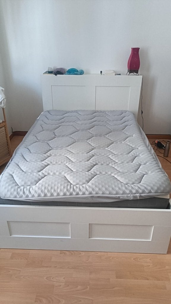 IKEA Lit 140 x 200, Cadre Brimnes, matelas Hovag, Ophalen, Gebruikt, Wit, Tweepersoons