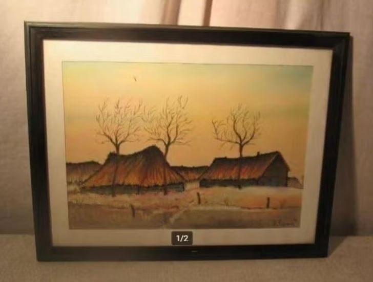 Mooi Geschilderd Aquarel '2 Oude Schuren' - J Lens, Ophalen of Verzenden, Origineel werk, Aquarel, Landschap
