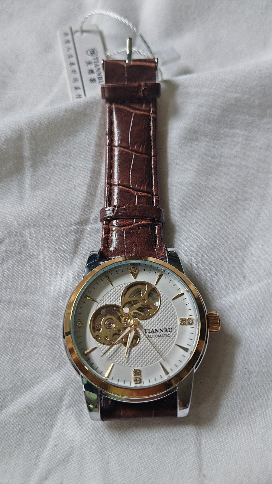 Montre automatique TIANNBU — Cadran squelette & Bracelet cui, Envoi, Neuf, Acier, Cuir