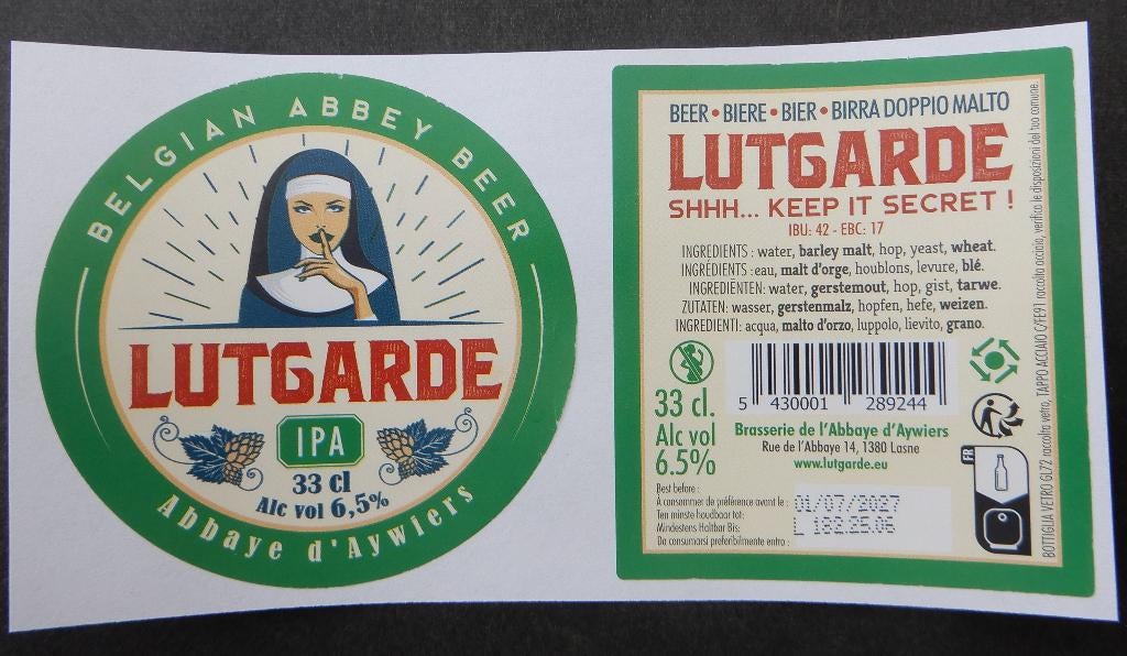 Étiquette de bière Lutgarde IPA Bras L'abbaye d'Aywiers 12r3, Collections, Marques de bière, Utilisé, Envoi