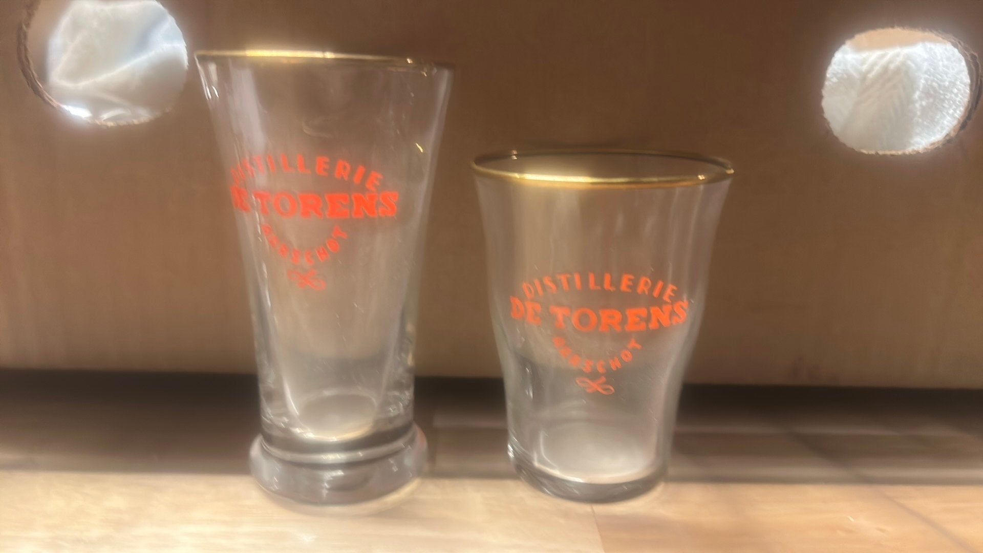 2 De Torens Aarschot distilleerderijglazen, Verzamelen, Ophalen of Verzenden, Gebruikt, Borrel- of Shotglas