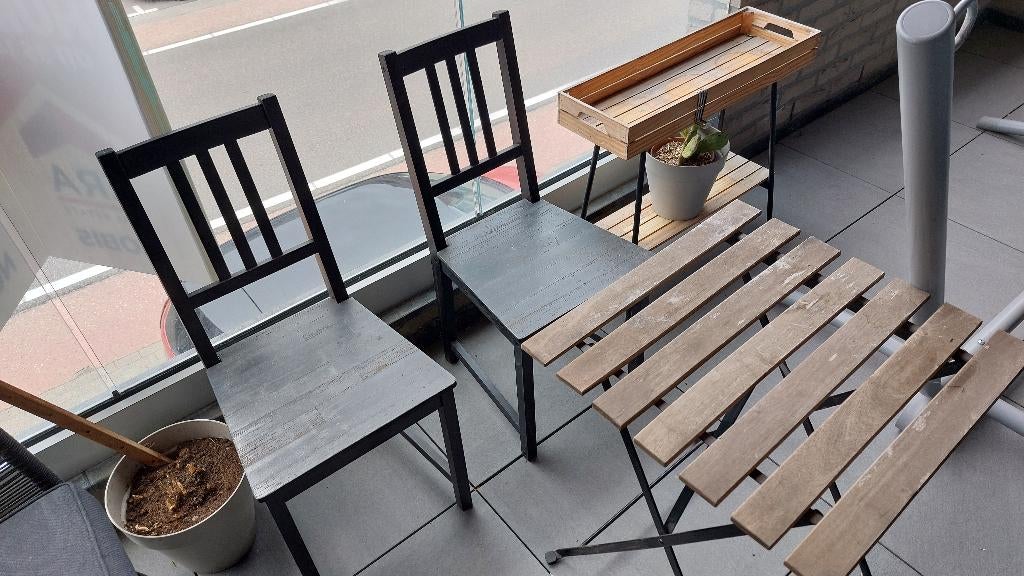 Terrassetje tafel en 2 stoelen, Huis en Inrichting, Stoelen, Ophalen, Gebruikt, Hout