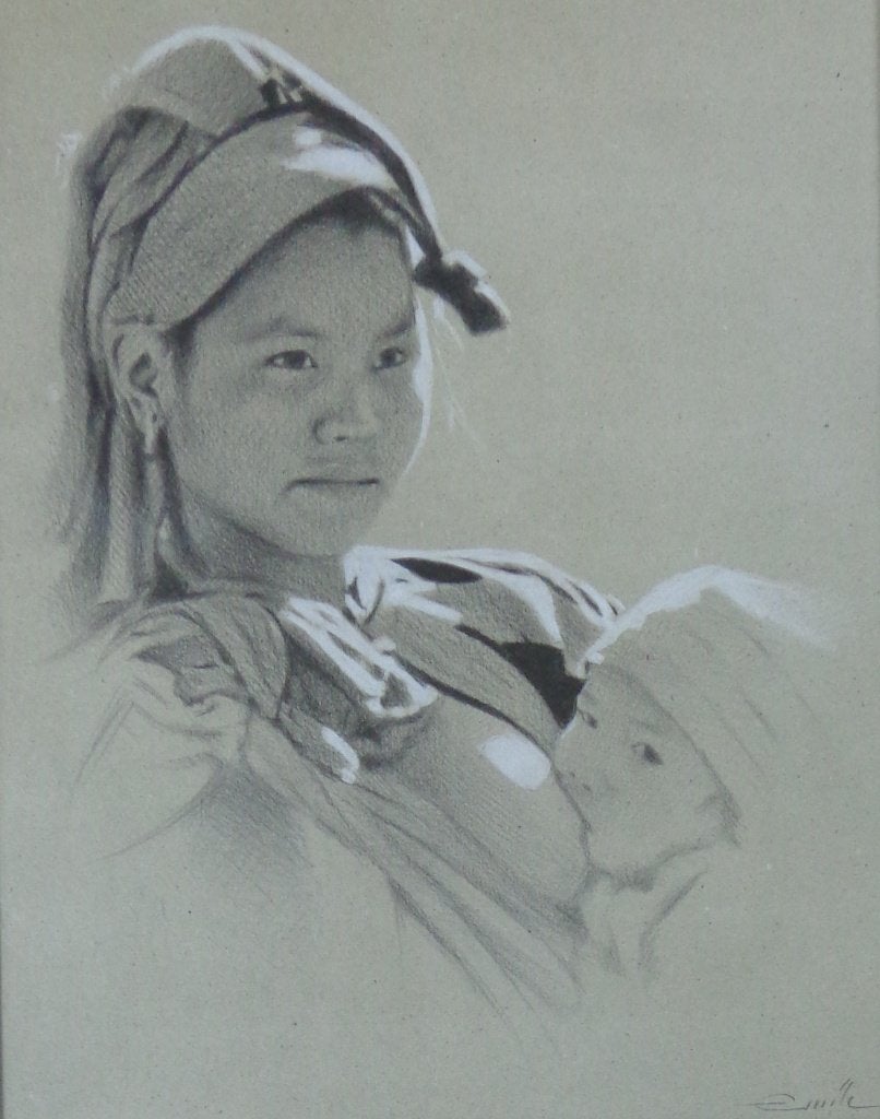 EMILE / MOEDER & KIND / ORIGINEEL WERK / 51x41cm / KADER SIG, Achter glas, Figuren, Papier/karton, Ophalen of Verzenden