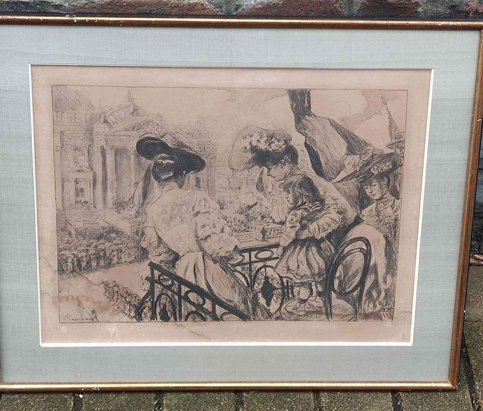 Gravure femme au balcon signe Gustave flasschoen, Enlèvement ou Envoi, Gravure