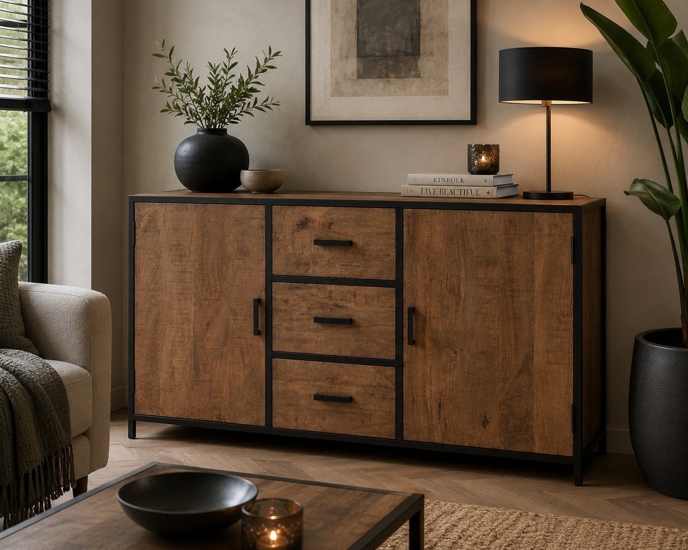 Goossens dressoir van mangohout met metalen frame, Ophalen, Zo goed als nieuw