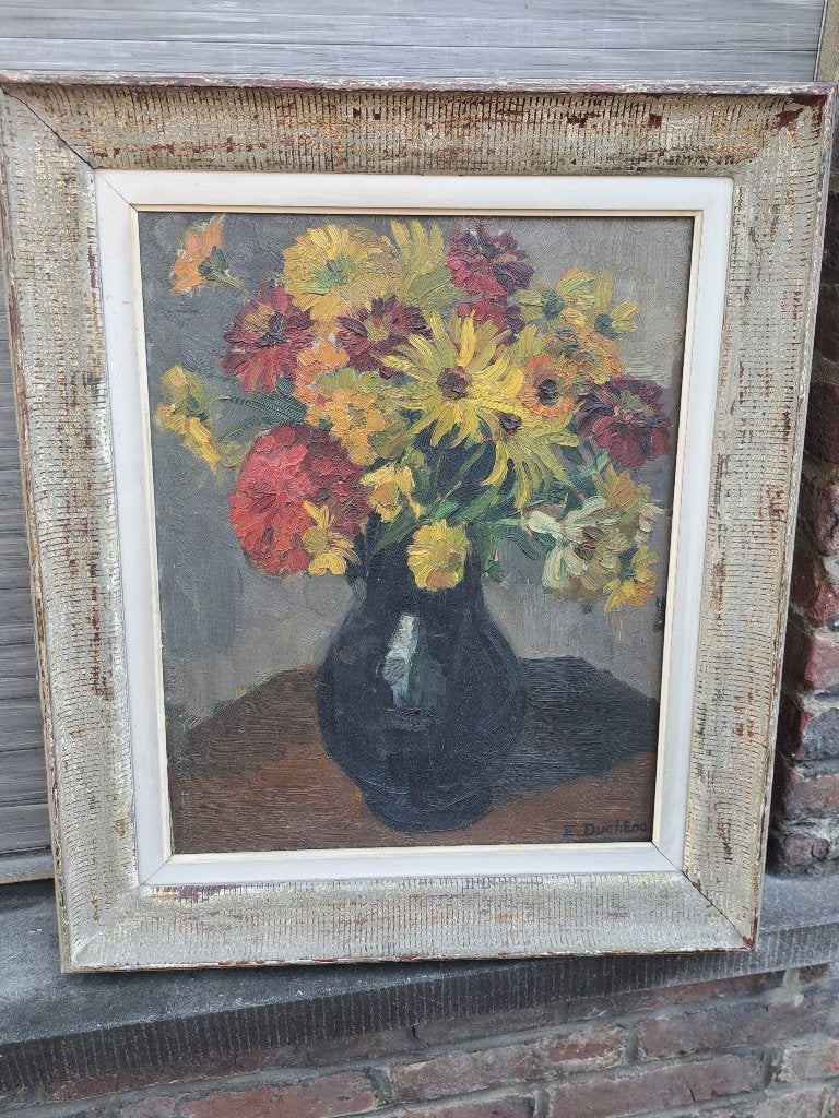 huile sur toile fleurs signe edmond duchene, Antiquités & Art, Enlèvement ou Envoi, Classique, Fleurs, Toile