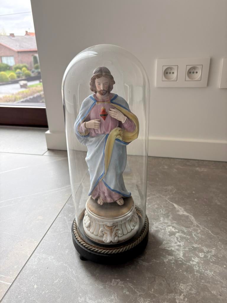 Antiek Heilig Hartbeeld Jezus onder Glazen Stolp, Antiek en Kunst, Ophalen of Verzenden