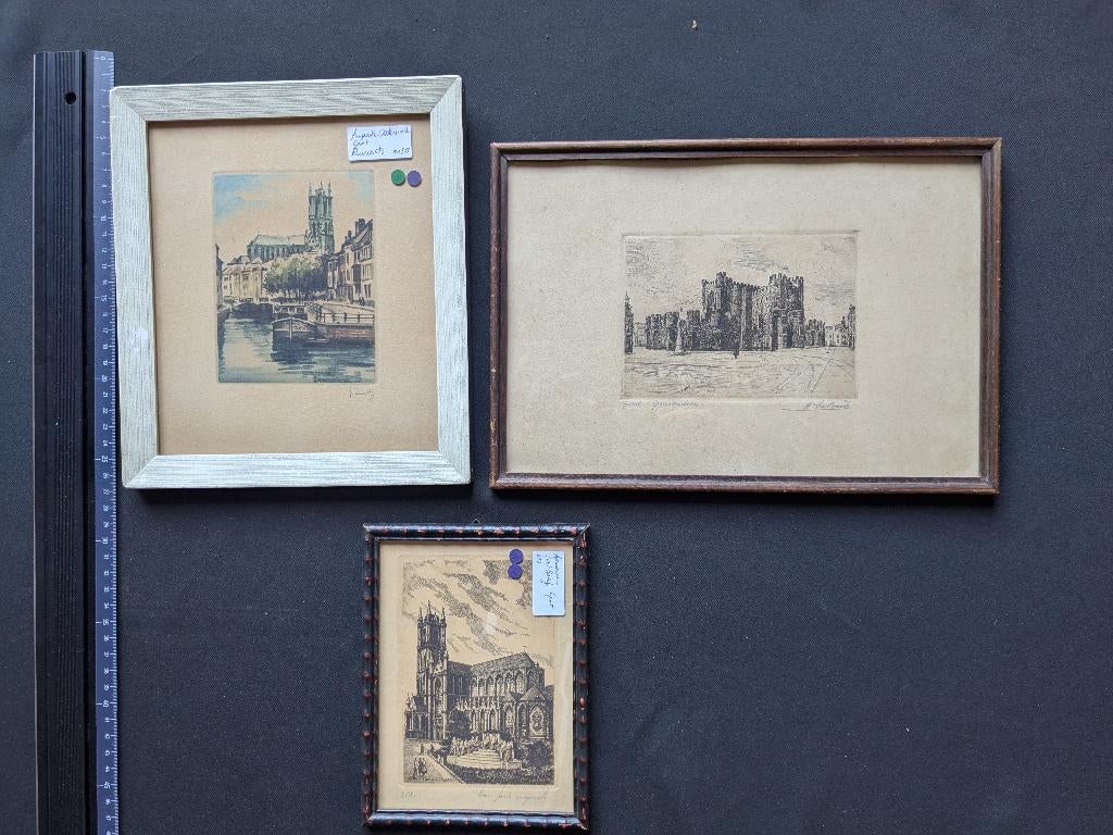 LOT van 3 stadszichten Gent - ingekaderd - ets, Antiek en Kunst, Ophalen of Verzenden