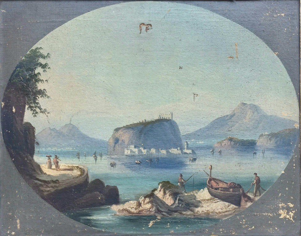 Huile sur toile. Baie de Naples. 50×64 cm. Début 19e s., Antiquités & Art, Enlèvement, Toile