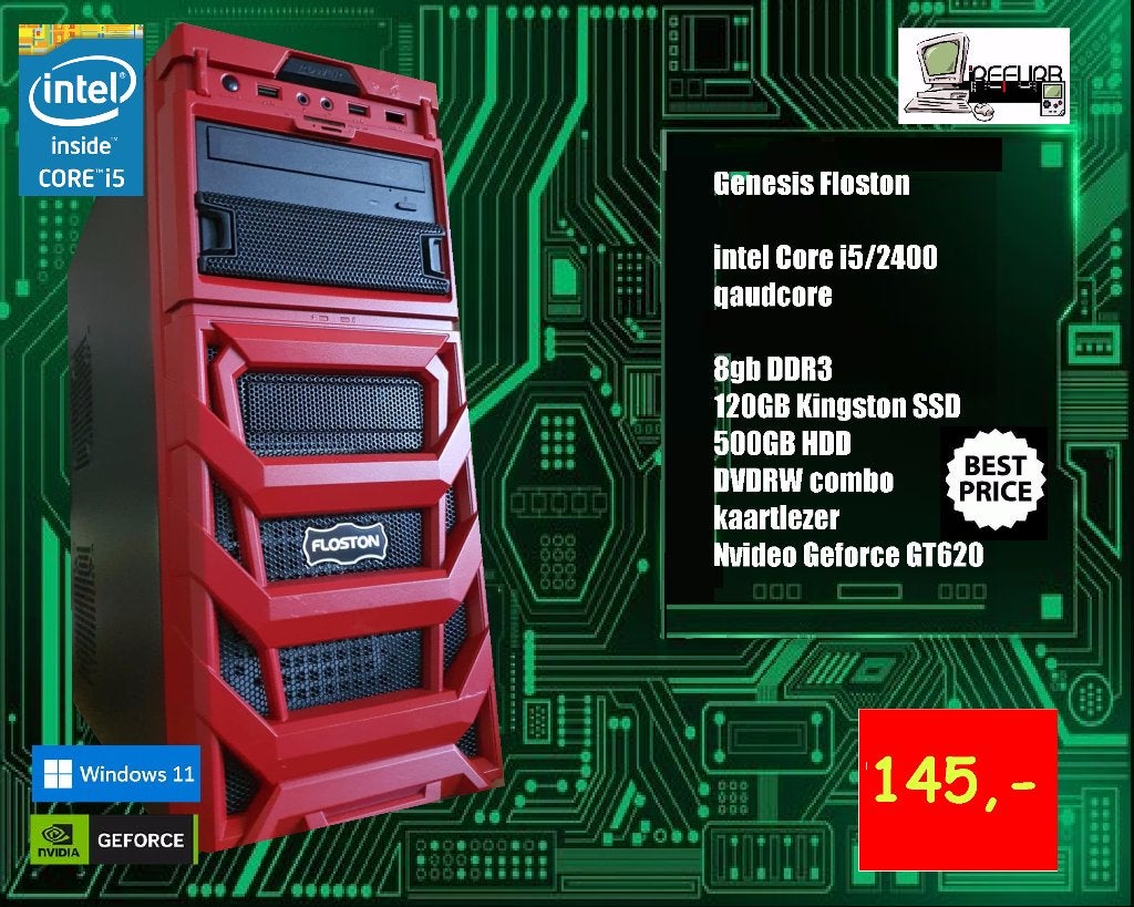 floston desktop custom red i5 8gb ssd+500gb GT620 win11, Computers en Software, Computerbehuizingen, Ophalen