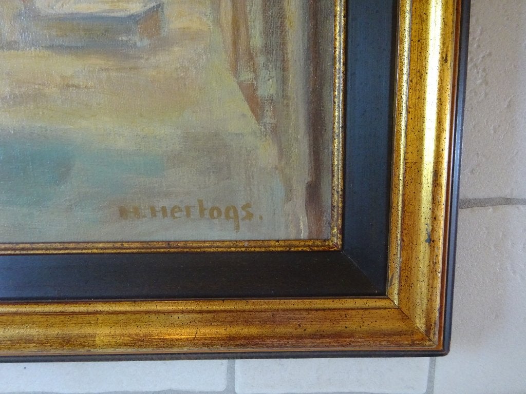 Herman Hertogs, doek, Gotisch interieur 1980, 50 x 60 cm,, Antiek en Kunst, Ophalen