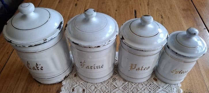 4 Oude Franse brocante doorleefde wit emaille voorraadpotten, Enlèvement ou Envoi