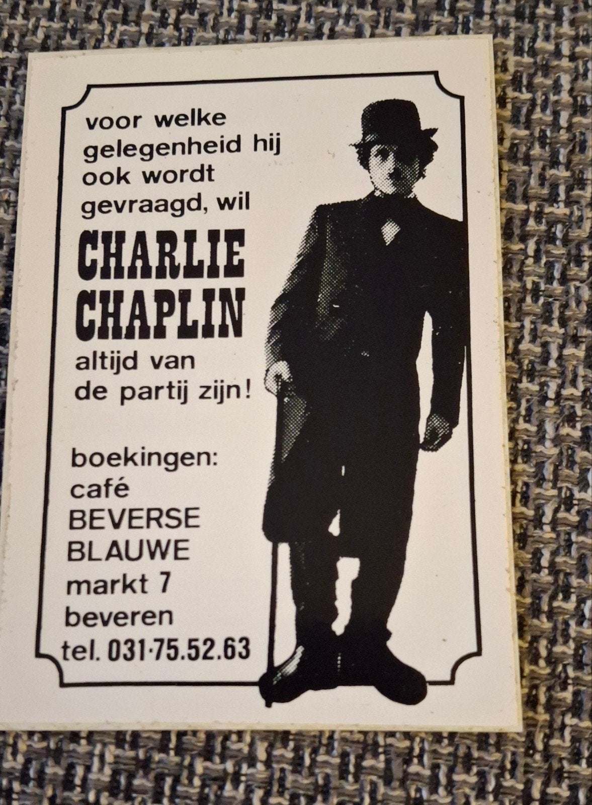 Sticker imitator acteur Charlie Chaplin Beveren, Ophalen of Verzenden, Zo goed als nieuw, Film, Tv of Omroep
