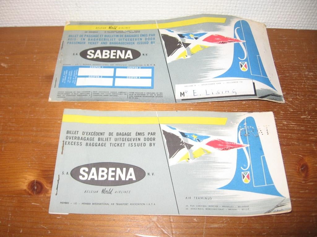 2 tickets Sabena reisticket + overbagage ticket van 1954, Ophalen, Gebruikt, Gevuld