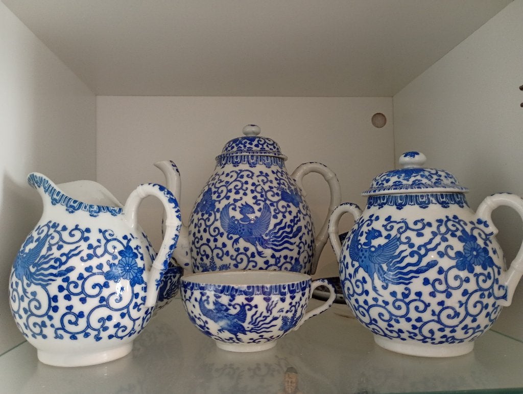 Vintage Japans blauw-wit porseleinen theeservies, Antiek en Kunst, Ophalen