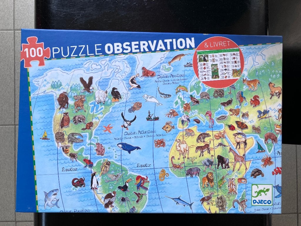 Puzzel Djeco 100 stukken wereld, Ophalen of Verzenden, Meer dan 50 stukjes, Zo goed als nieuw