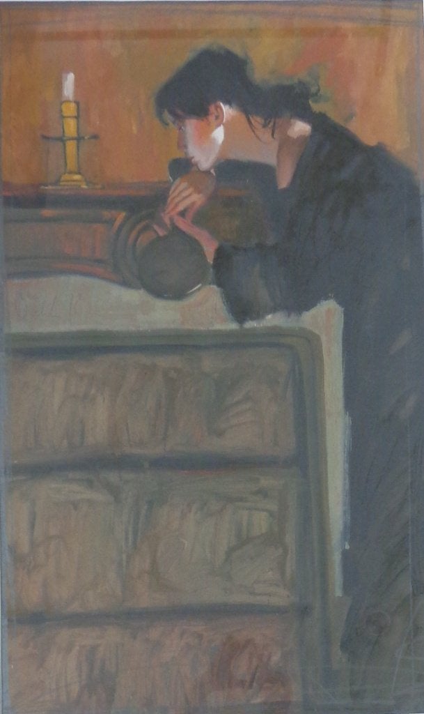 NICO VRIELINK / VROUW BIJ KAARS / OLIEVERF KARTON / 129x90cm, Antiek en Kunst, Kunst | Schilderijen | Modern, Ophalen, Glas, Gesigneerd