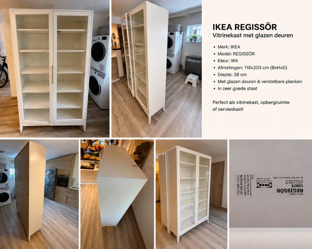 VITRINEKAST MET GLAZEN DEUREN IKEA REGISSOR, Ophalen, 200 cm of meer, LANDELIJK MODERN, Zo goed als nieuw