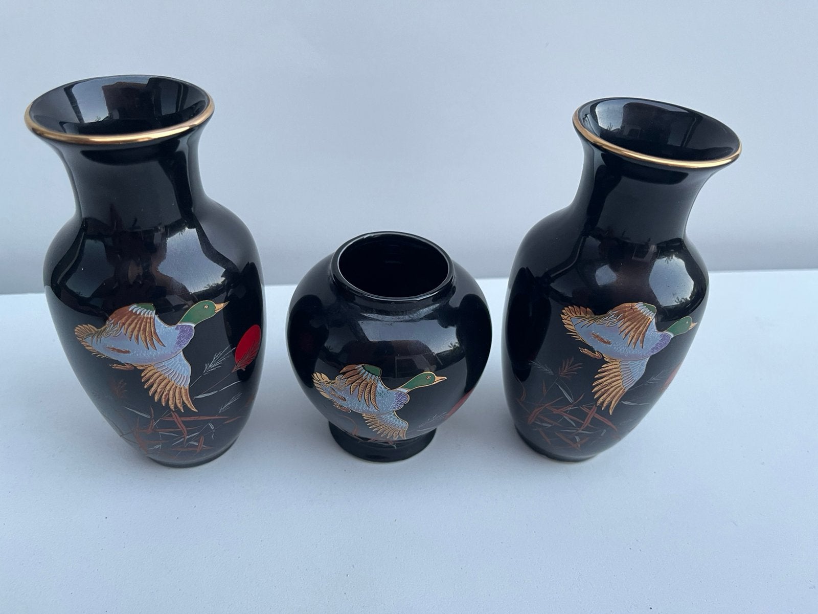 Set 3 Vintage Japanse Vaasjes Zwarte Eenden Fine China, Antiek en Kunst, Ophalen of Verzenden