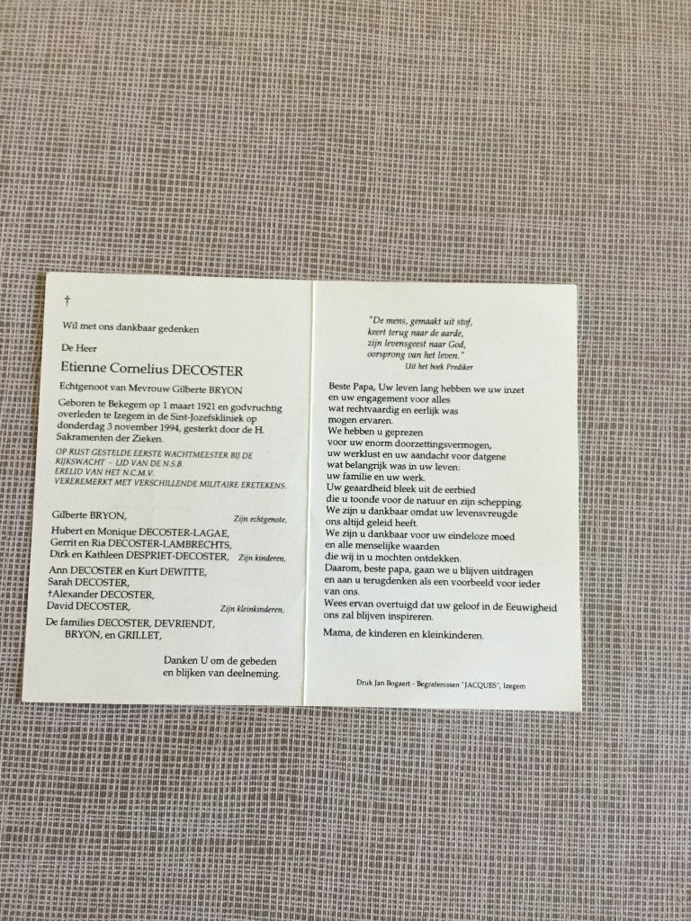 Rijkswachter Decoster Bekegem +Izegem 1994. Bryon, Verzamelen, Bidprentjes en Rouwkaarten, Verzenden, Bidprentje
