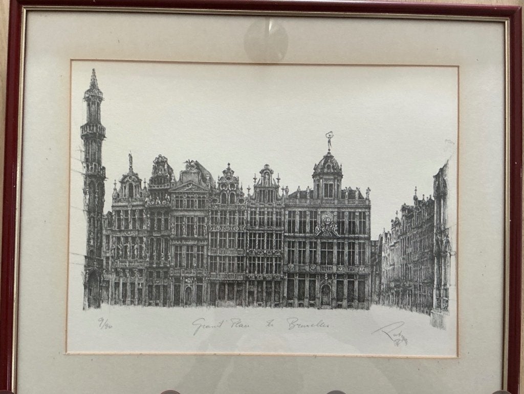 Belle gravure ancienne – Grand-Place de Bruxelles – signée, Enlèvement, Architecture, Gravure, Avec passe-partout