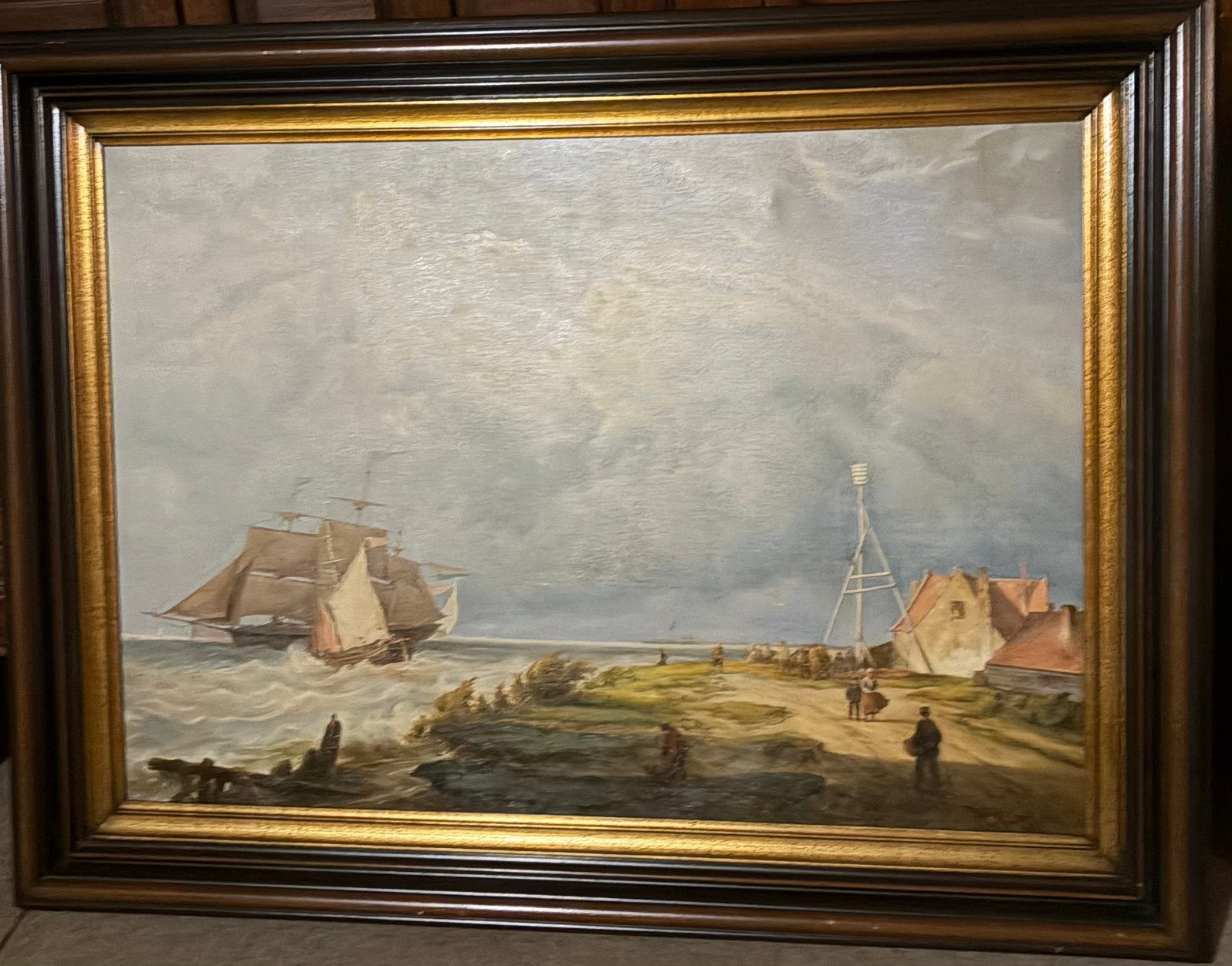Groot maritiem schilderij – zeilsch en kust – 132  95 cm, Enlèvement, Classique