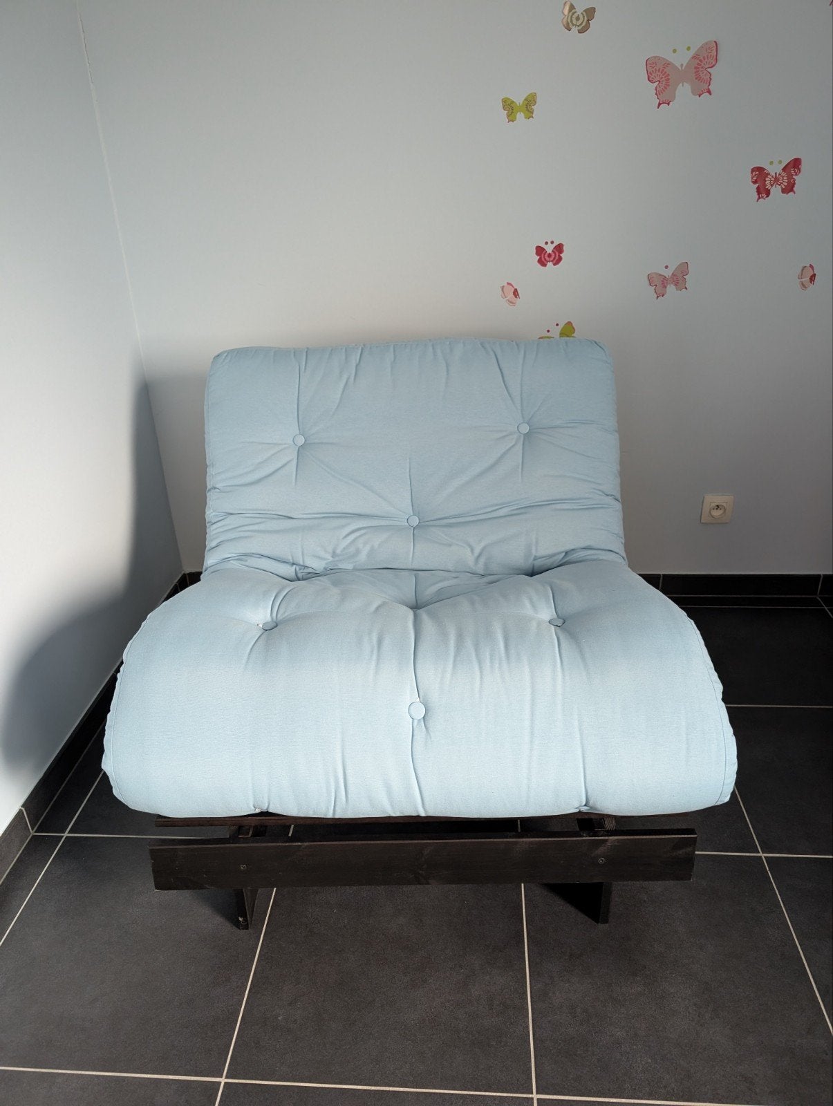 futon van het merk Karup,zo goed als nieuw., Ophalen, 90 cm, Eenpersoons, Blauw