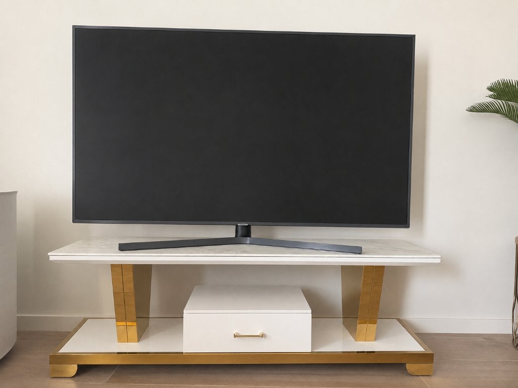 TV-standaard, Maison & Meubles, Armoires | Dressoirs, Comme neuf, 100 à 150 cm, 25 à 50 cm, Avec tiroir(s), Autres matériaux, Enlèvement