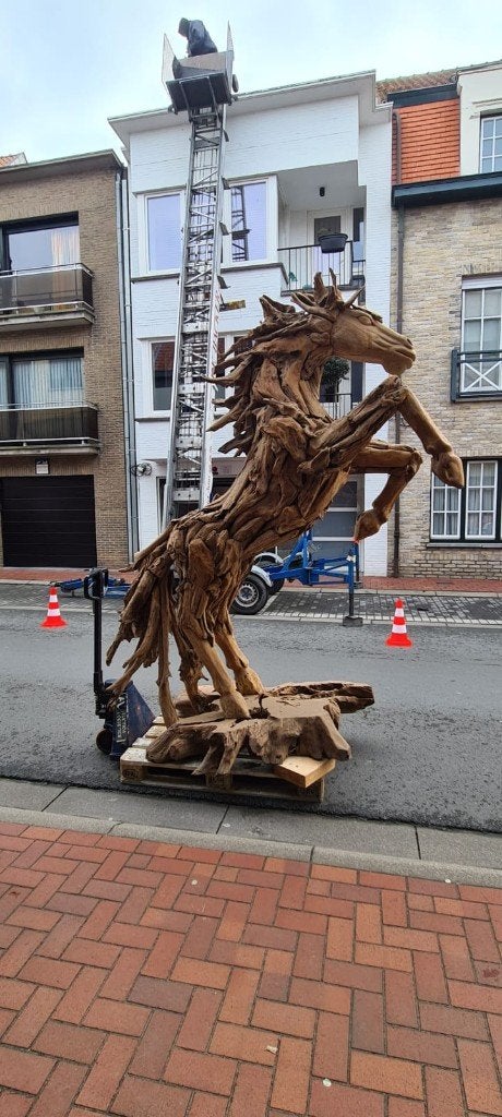 Houten paard - staande sculptuur drijfhout (teak), Antiek en Kunst, Ophalen, Hout, Houtsnijwerk, Overige onderwerpen
