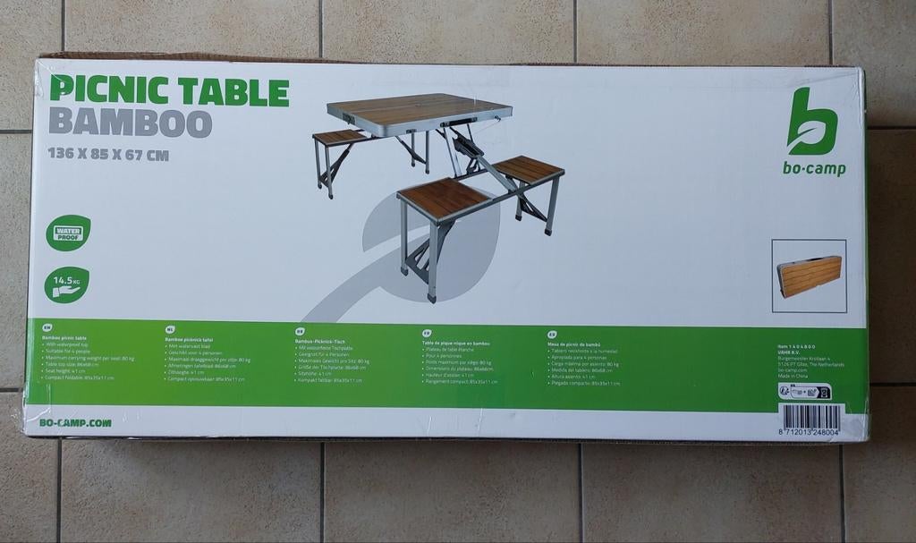 Nieuwe opplooibare picknick tafel 4 pers bamboo 136x85x67cm., Tuin en Terras, Ophalen, Inklapbaar, Rechthoekig, Nieuw