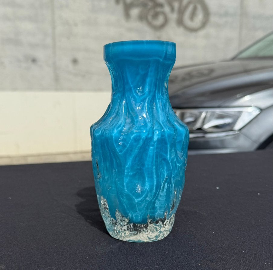 Vase vintage en verre bleu turquoise — verre gaufré épais, Antiquités & Art, Enlèvement ou Envoi
