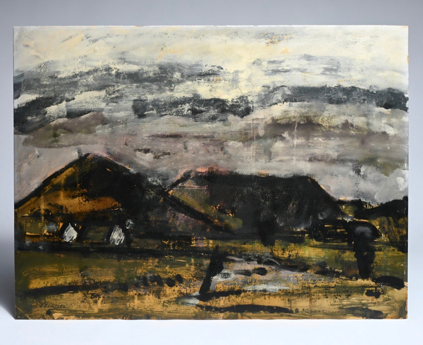 CORTIER Amedee "Landschap met schuren" olie op papier, Antiek en Kunst, Ophalen of Verzenden, Landschap