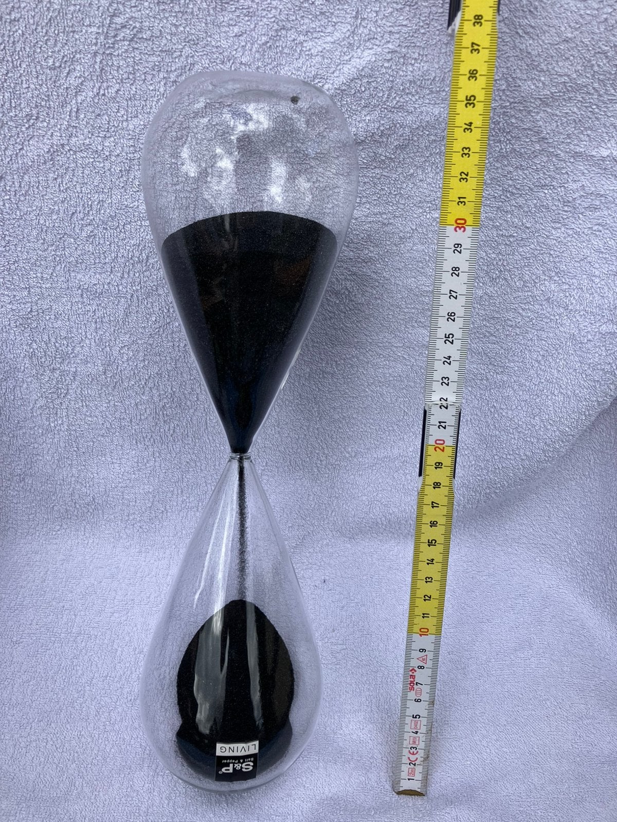 Design eyecather zandloper XL Lengte 35 cm - vijf minuten, Glas, Zwart, Object, Ophalen of Verzenden