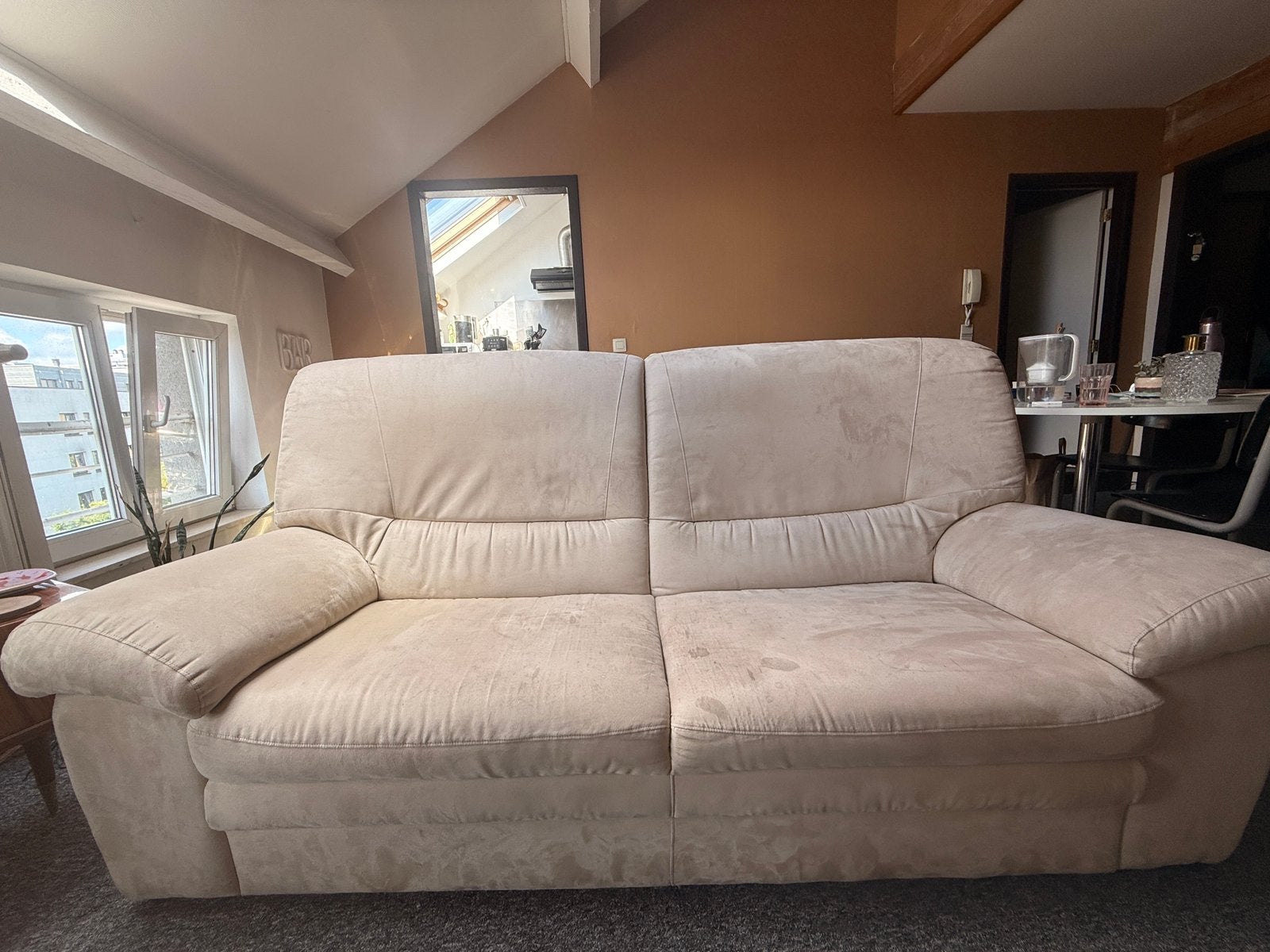 Beige zetel, Huis en Inrichting, Ophalen, Kunststof, Gebruikt, 150 tot 200 cm