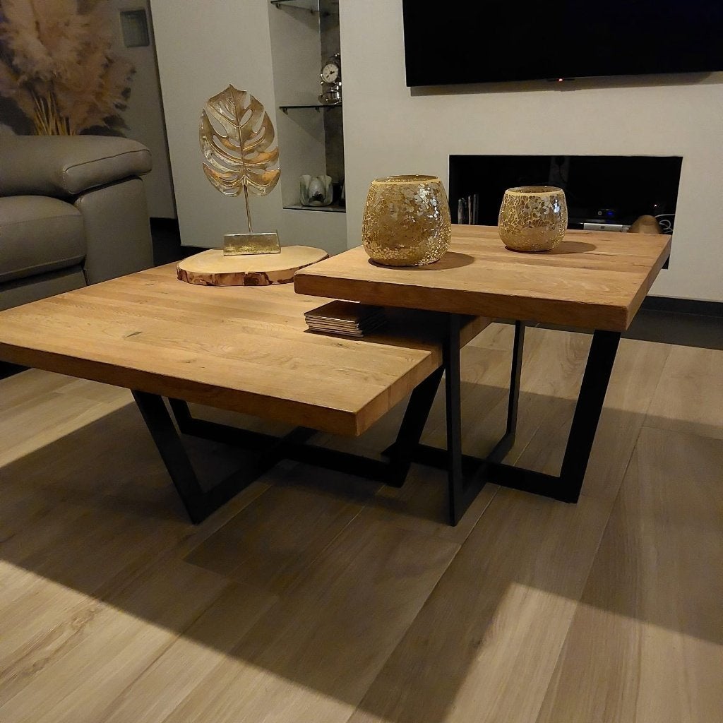 Eiken salontafels met massief eiken blad (in nieuwstaat), Maison & Meubles, Tables | Tables de salon, Comme neuf, 5 – 50, 50 à 100 cm