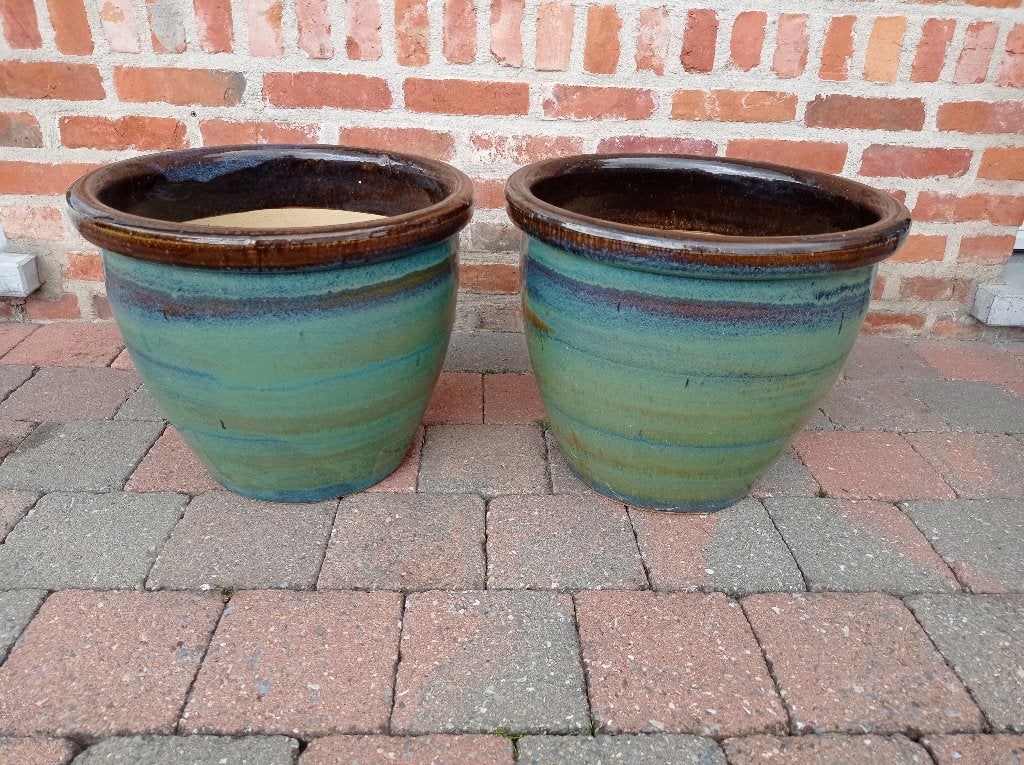 Moderne geëmailleerde terracotta bloempotten (55€/stuk), Tuin en Terras, Rond, Zo goed als nieuw, Minder dan 40 cm, Terracotta