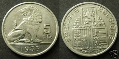 België: 5 fr 1939 VL/FR (A) - KROON = ZELDZAAM =morin 457 C, Verzenden, Losse munt