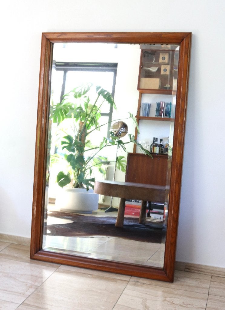 Grote antieke spiegel robuuste houten lijst geslepen glas, Antiek en Kunst, Ophalen