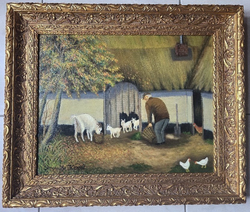 Schilderij boerderij met geitjes, Antiek en Kunst, Ophalen, Acrylverf, Doek, Bijzondere lijst