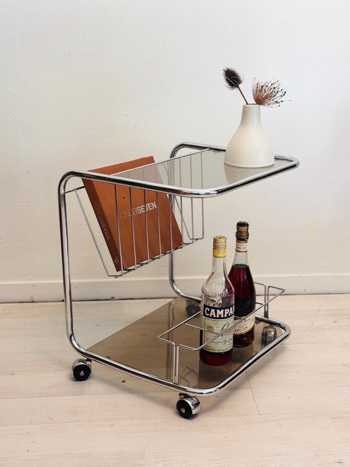 Chariot de service vintage en verre fumé chromé 1970, Enlèvement ou Envoi, Comme neuf
