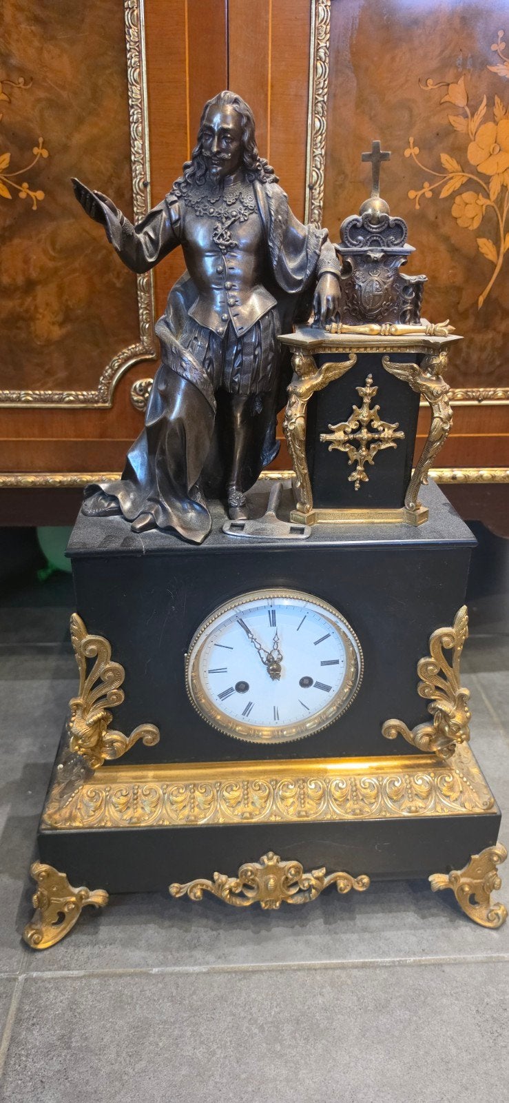 Grande horloge ancienne Napoléon III en marbre noir et bronz, Antiquités & Art, Enlèvement