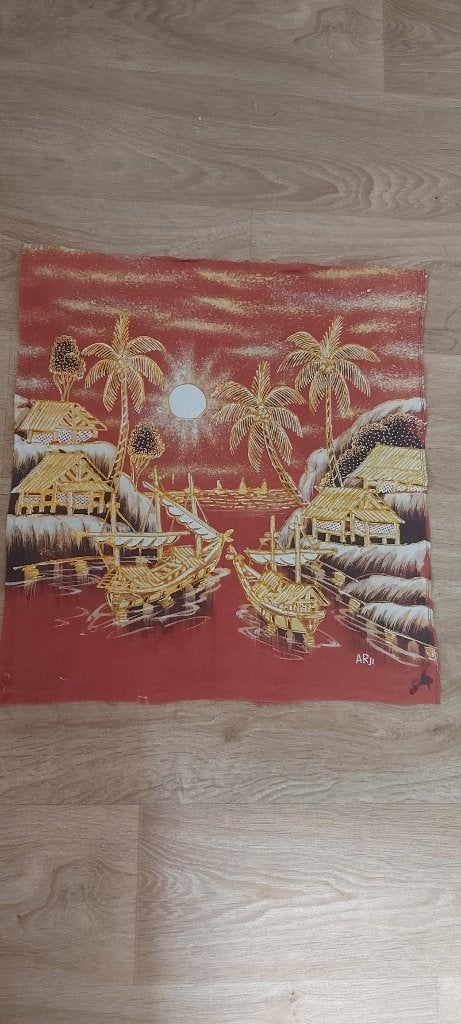 peinture batik d'Indonésie 50 x 50 cm magnifique paysage, Antiquités & Art, Indonésie, Enlèvement ou Envoi, Tableau, Fait main