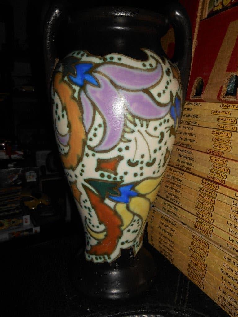 Vase 2 anses +-33cm céramique Montoise N décor polychrome s, Antiquités & Art, Antiquités | Céramique & Poterie, Enlèvement ou Envoi